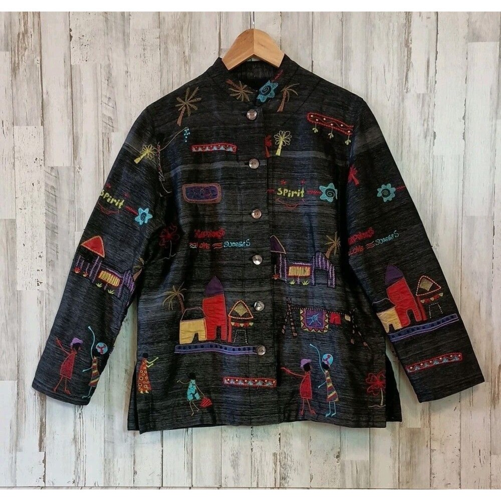 Chico's Size 0 (S) Silk Button Up Jacket Embordered Ethnic Africa Long Sleeve